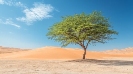 Under a bright and mostly cloudless sky, a solitary tree towers above the desert floor, its bare branches a stark silhouette against the vast expanse of sand and rock