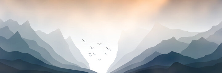 Sunset in the mountains, dramatic sky, Norwegian fjord, panoramic view, vector illustration