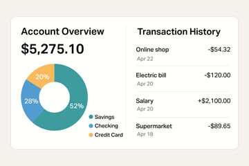 Bank account interface with pie chart and recent transactions