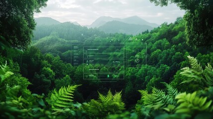 Futuristic Nature Interface Overlay with Lush Green Landscape