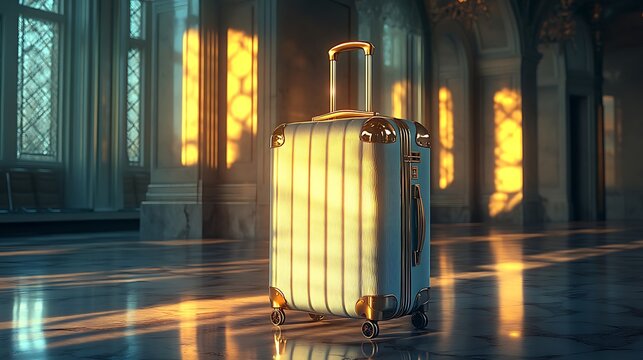 A gleaming, cream-colored suitcase stands in a grand, sunlit hall.