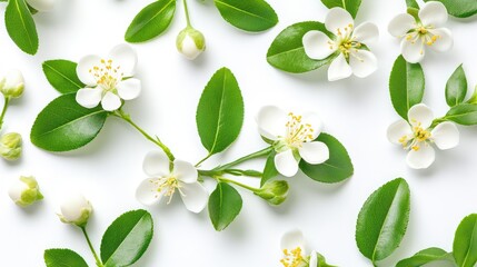 Fototapeta premium Wax flower and green leaves repeating on white, fresh botanical style wallpaper