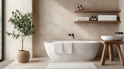 Modern Bathroom with Freestanding Tub and Natural Elements Design