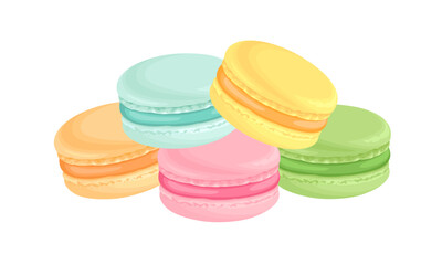 Pile of colorful macarons isolated on white background. 
Vector cartoon flat illustration of bright sweet cakes