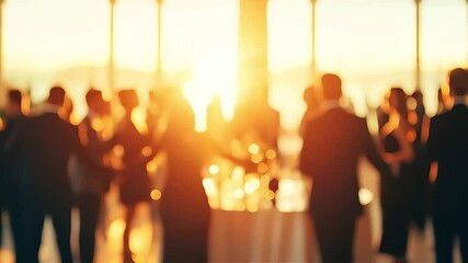 Blurred people gather at a networking event during sunset for business or celebration.