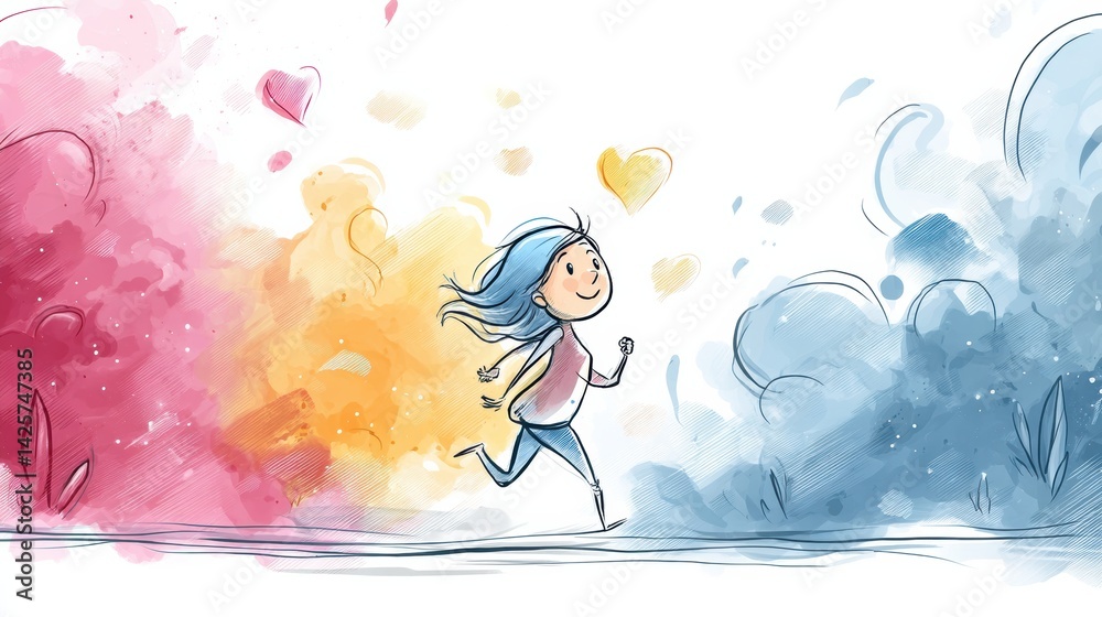 Poster joyful heart character runs through vibrant colored mist in a whimsical landscape of joy and wonder
