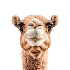 Obraz premium Camel portrait showcasing unique features with a playful expression against a white background