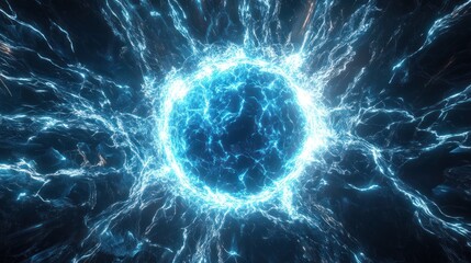 A bright blue sphere of energy surrounded by powerful electric lines