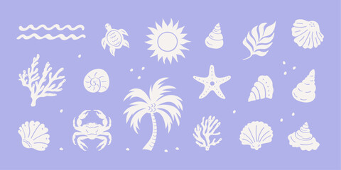 The summer boho vintage icon set showcases hand-drawn elements like a palm tree, turtle, sun, sea, shells, and crab in a fun, groovy naive style—perfect for travel prints, posters, banners, or logos.