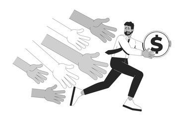 Challenges to saving money line illustration concept. Financial stress, taxation. Black man running with coin while hands reaching for outline 2D character isolated. Ink linear metaphor vector art