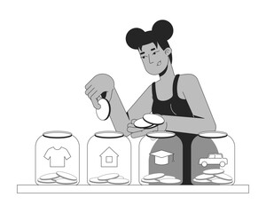 Smart budget allocation for saving goals line illustration concept. Black woman diving income for clothes, house, education, car jars outline 2D character isolated. Ink linear metaphor vector art