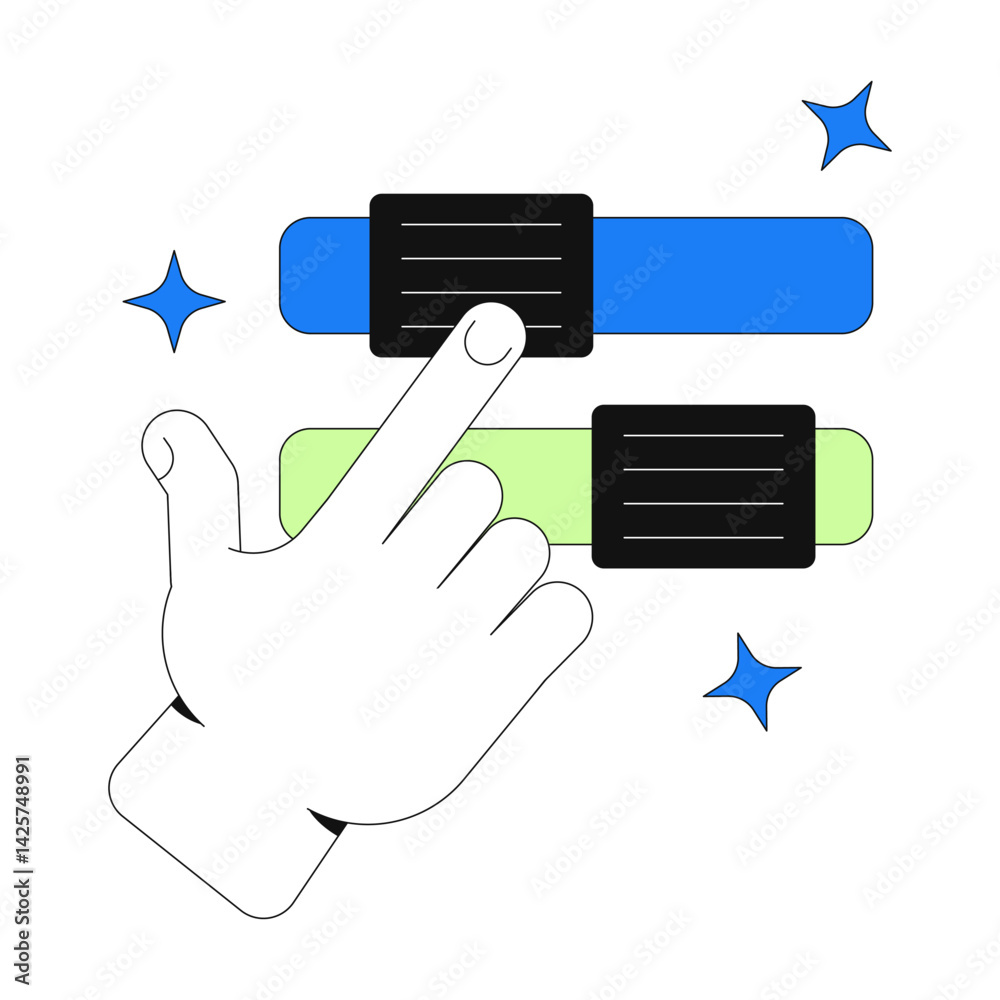 Poster hand interacting with sliders toggles 2d onboarding ui illustration. user customization. interface c