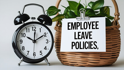 Employee Leave Policies Concept with Clock and Office Decor, HR policy, time off work, employee benefits, paid leave, vacation policy, sick leave, workplace rules, office regulations. 
