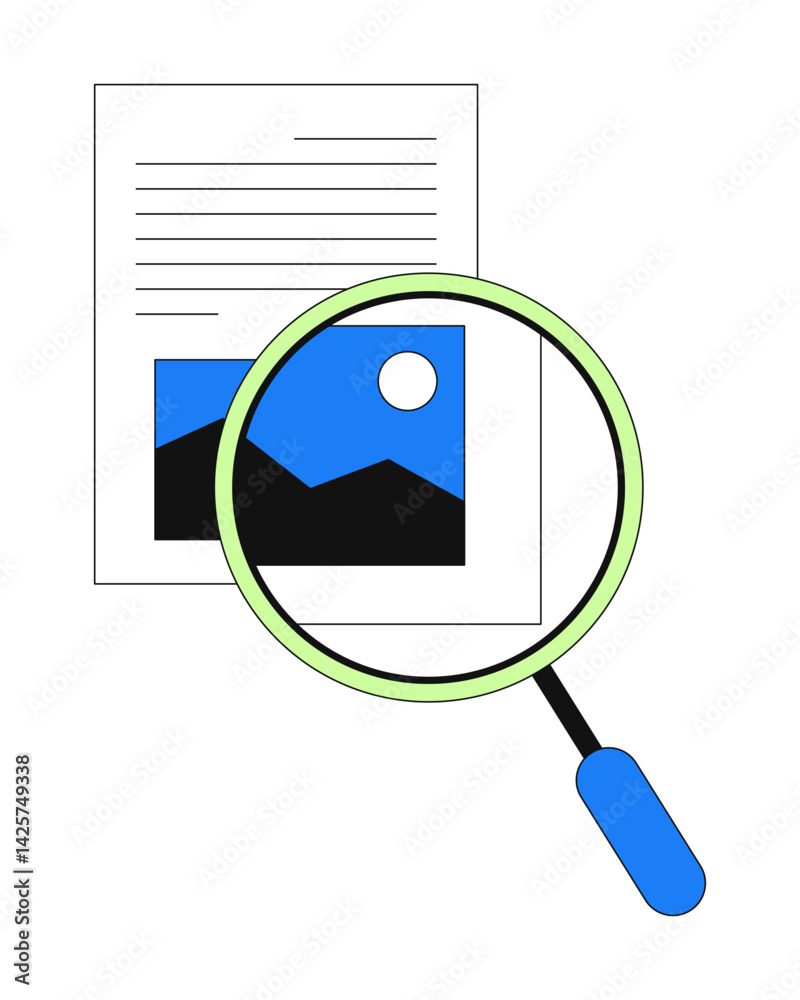 Poster taking closer look 2d onboarding ui illustration. content verification. file analysis. magnifying gl