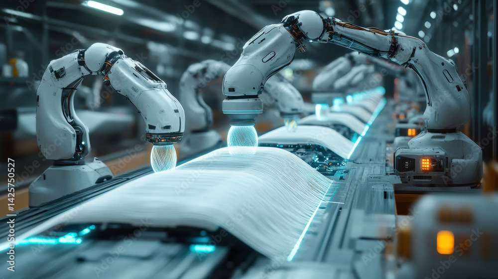Aufkleber Futuristic robotic arms work on production line, assembling advanced fabric materials in high tech factory setting. scene is illuminated with blue lights, highlighting precision and innovation