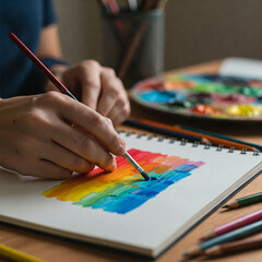 Naklejka premium Creating a Rainbow Watercolor Painting on a Sketchbook