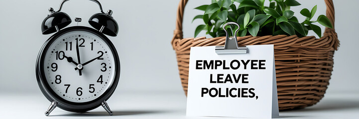 Employee Leave Policies Concept with Clock and Office Decor, HR policy, time off work, employee benefits, paid leave, vacation policy, sick leave, workplace rules, office regulations. 