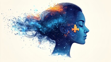 Surreal Profile of a Woman's Head with Galaxy Hair and Missing Puzzle Piece Representing Autism