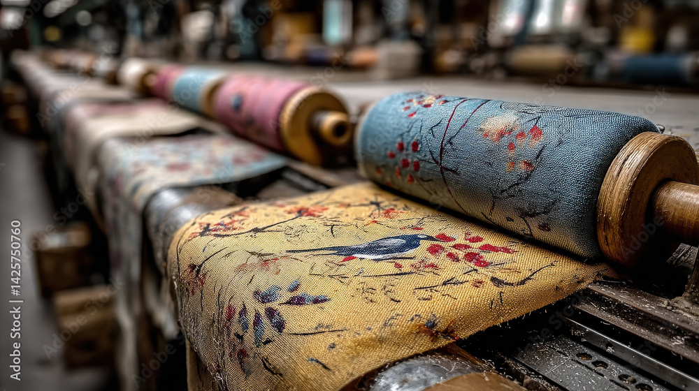 Aufkleber fabric rolls with intricate floral and bird patterns are displayed textile factory, showcasing fabri