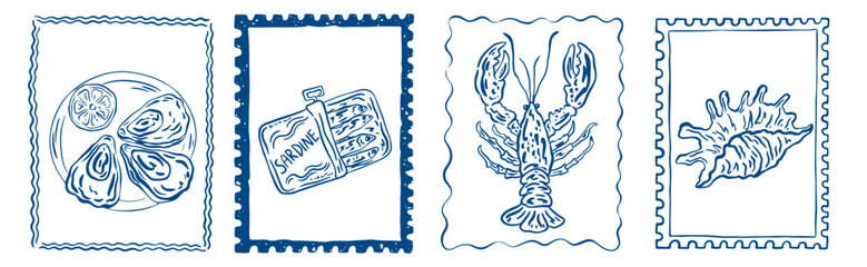 Vintage Italian summer vacation poster set. Hand drawn travel postcard stamp, summer engraving placard or poster. Vector retro frame or border element design, elegant scenes or Sicilia or amalfi badge © PawLoveArt