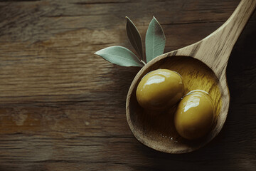 Two Olives with Leaves and a Drop of Olive Oil on Wooden Spoon, Rustic Mediterranean Food Photography