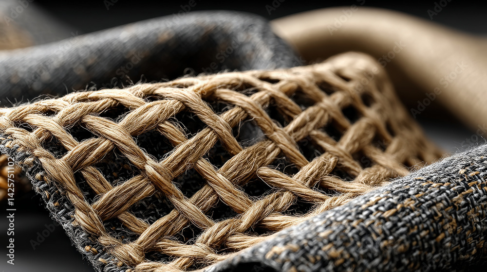 Poster close up of innovative bio fabric made from sustainable sources, showcasing intricate woven patterns