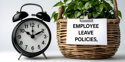 Employee Leave Policies Concept with Clock and Office Decor, HR policy, time off work, employee benefits, paid leave, vacation policy, sick leave, workplace rules, office regulations. 