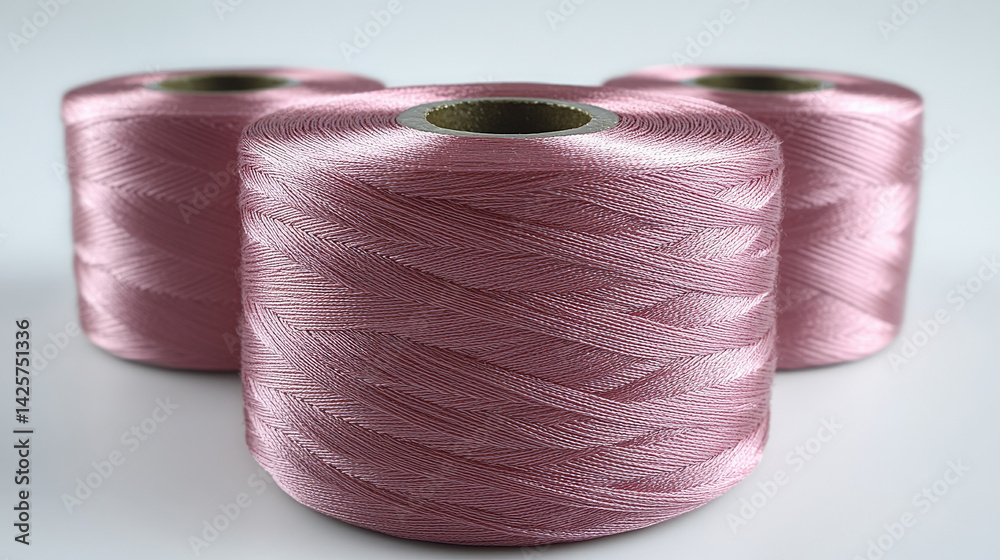 Poster three spools of pink silk thread are arranged on smooth surface, showcasing their shiny and smooth t