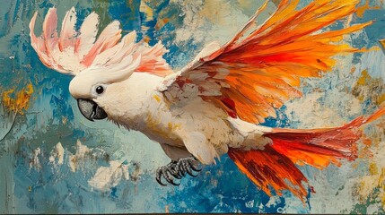 Bright picture with parrot on abstract background. Background for creative projects, interior design, art blogs.