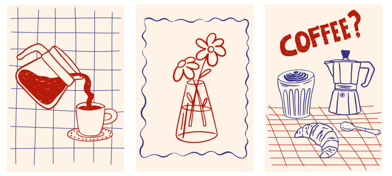 Hand drawn la dolce vita breakfast vintage posters. Whimsical drawings of coffee in doodle ink, chalk, crayon style. Vector Minimalist line art for prints, placards, menus in cafe or restaurant.