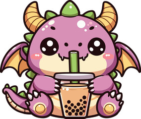 Cute Chibi Dragon Drinking Bubble Boba Milk Tea Character Cartoon Illustration