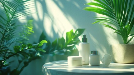 Cosmetics on the background of tropical plants, sunlight and shadows. Ideal for advertising cosmetics, skin care, spa treatments.