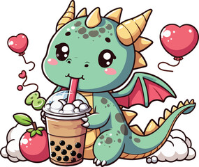 Cute Chibi Dragon Drinking Bubble Boba Milk Tea Character Cartoon Illustration
