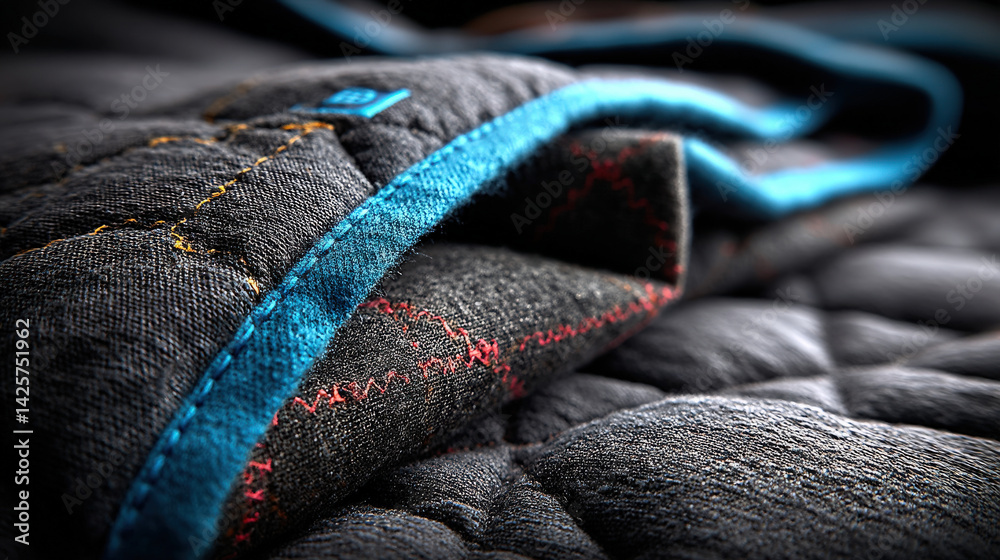 Poster close up of multi layered insulating fabric showcases intricate stitching and vibrant blue edging, h