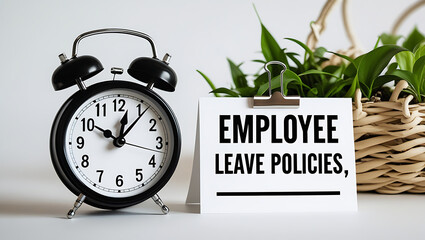 Employee Leave Policies Concept with Clock and Office Decor, HR policy, time off work, employee benefits, paid leave, vacation policy, sick leave, workplace rules, office regulations. 
