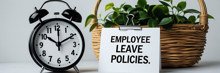 Employee Leave Policies Concept with Clock and Office Decor, HR policy, time off work, employee benefits, paid leave, vacation policy, sick leave, workplace rules, office regulations. 