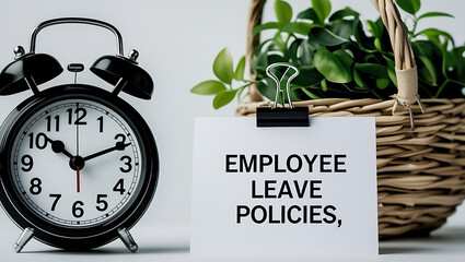 Employee Leave Policies Concept with Clock and Office Decor, HR policy, time off work, employee benefits, paid leave, vacation policy, sick leave, workplace rules, office regulations. 