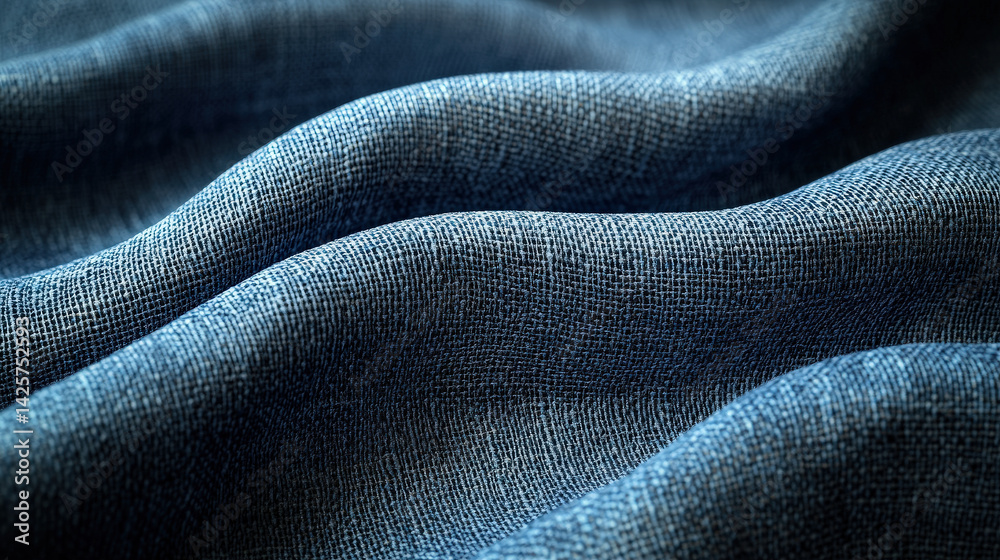 Poster close up of blue fabric showcases its textured surface with gentle waves, highlighting intricate weave of cotton polyester blend. fabric soft folds create sense of movement and depth