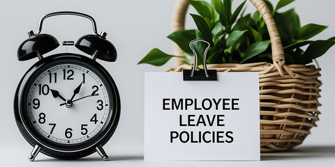 Employee Leave Policies Concept with Clock and Office Decor, HR policy, time off work, employee benefits, paid leave, vacation policy, sick leave, workplace rules, office regulations. 