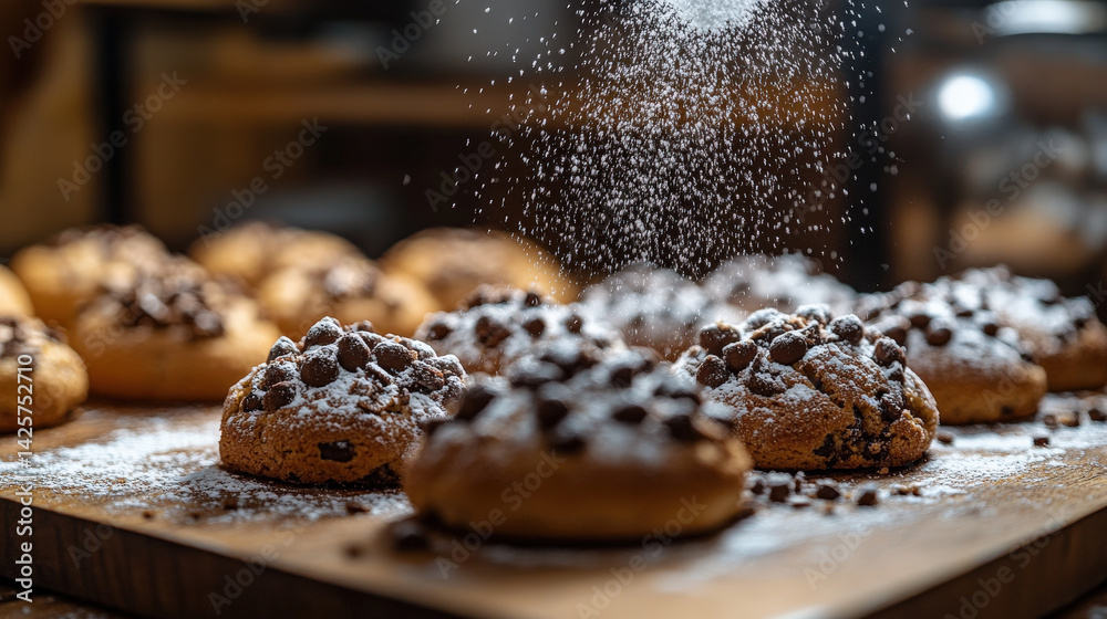 Aufkleber freshly baked chocolate chip cookies are sprinkled with sugar, creating delightful and inviting scen