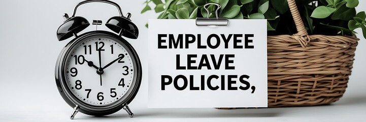 Employee Leave Policies Concept with Clock and Office Decor, HR policy, time off work, employee benefits, paid leave, vacation policy, sick leave, workplace rules, office regulations. 
