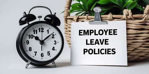 Employee Leave Policies Concept with Clock and Office Decor, HR policy, time off work, employee benefits, paid leave, vacation policy, sick leave, workplace rules, office regulations. 