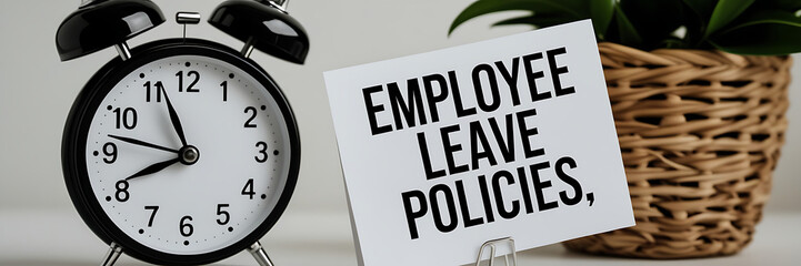 Employee Leave Policies Concept with Clock and Office Decor, HR policy, time off work, employee benefits, paid leave, vacation policy, sick leave, workplace rules, office regulations. 