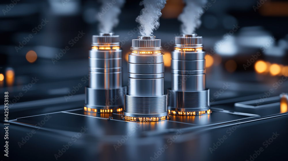 Poster three metallic smoke stacks release vapor in futuristic industrial setting, illuminated by orange li