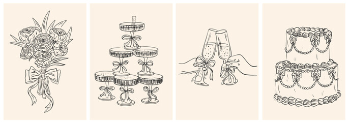 Hand drawn chalk Italian style wedding posters. Wine, champagne tower, bouquet cake drawings for wedding invitations, menu and parties. Ink doodle sketch style. Coquette vintage vector illustrations © PawLoveArt