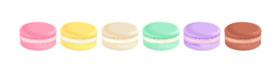 Set of multicolored macarons dessert isolated on white. Vector cartoon flat illustration. 