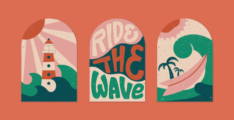 Bright retro style surf card, banner template. Modern abstract summer illustration, quote, ocean waves, sun vector cover, print