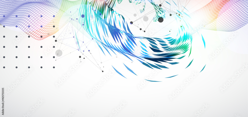 Poster Wireframe wave with swirling pattern of colored elements in the center. Scientific background. Vector.