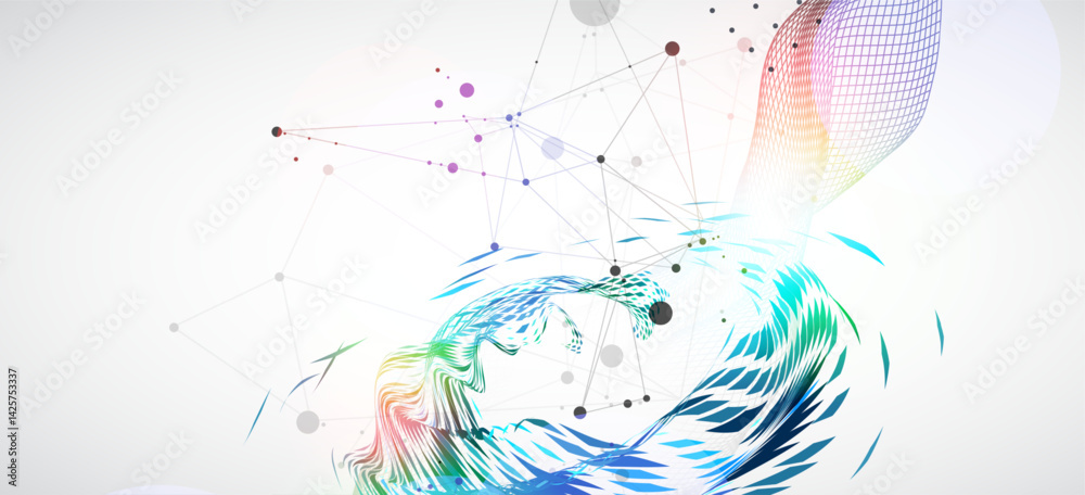Poster wireframe wave with swirling pattern of colored elements in the center. scientific background. vecto