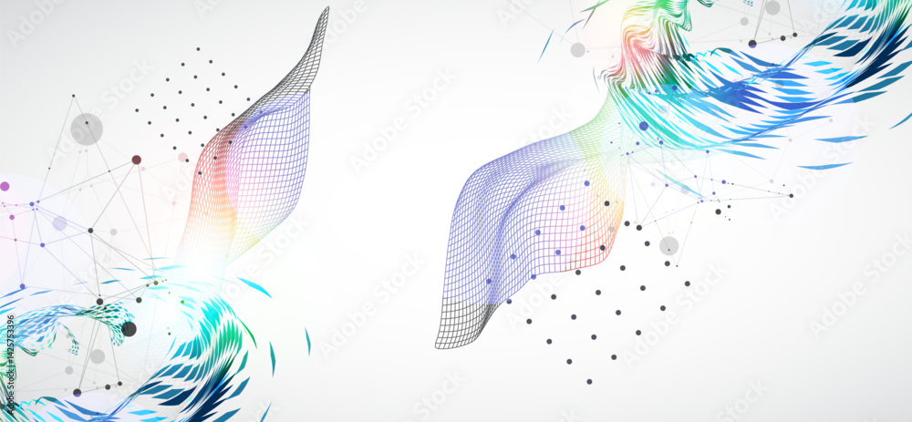 Aufkleber Wireframe wave with swirling pattern of colored elements in the center. Scientific background. Vector.